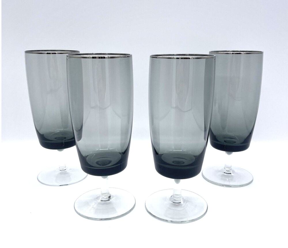 Gorham Crystal Midnight Mist Set of 4 Stemmed Ice Tea Water Glasses Smoke 7"
